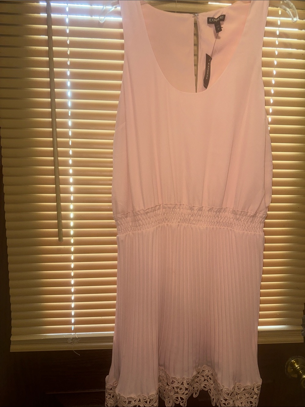 Express Pale Pink Sleeveless Pleated Dress with Crochet Hem